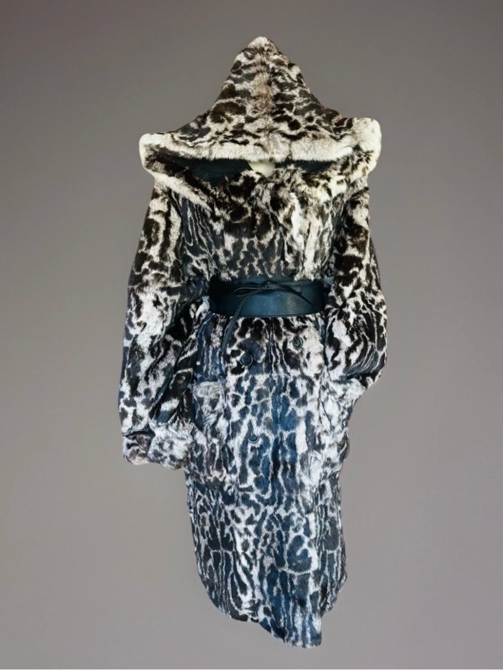 AMAZING & UNIQUE FULL LENGTH PRINTED RABBIT FUR Reversible Coat XL Hooded